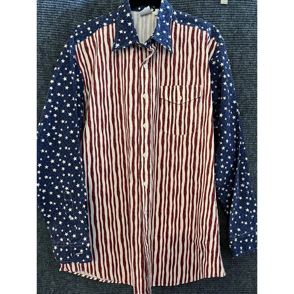 Vtg Mens Large USA Flag Shirt Button Up Long Sleeve Western Frontier Red Blue